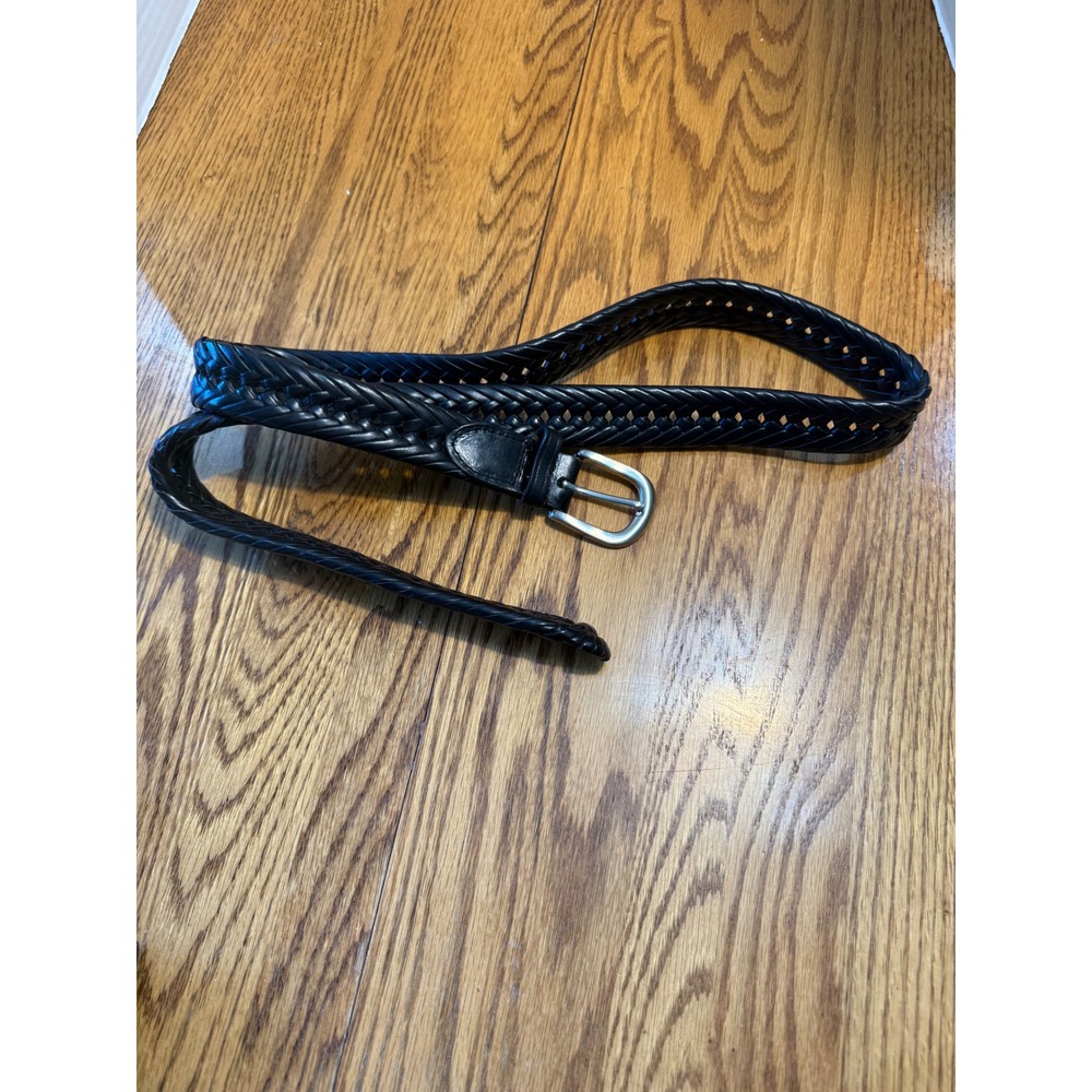 Mens Black Braided Leather Belt Silver Buckle Size 42 RN 130273 BR10031